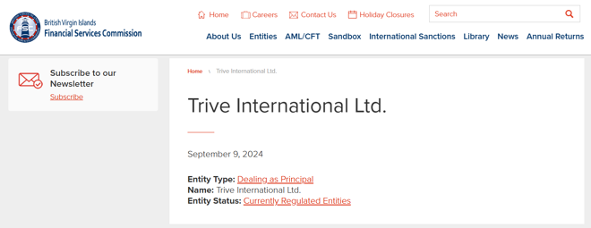 Trive International Ltd’s licensing info at bvifsc.vg