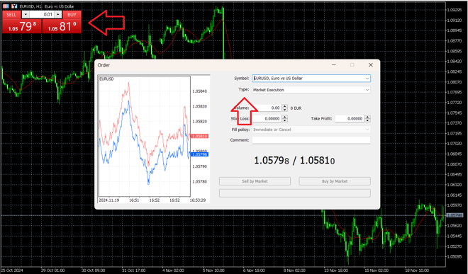 MetaTrader 5 order placing screen