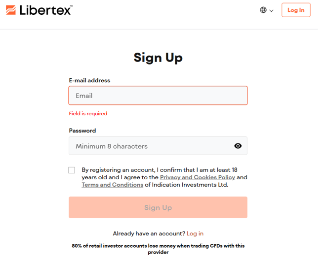 Account registration at Libertex