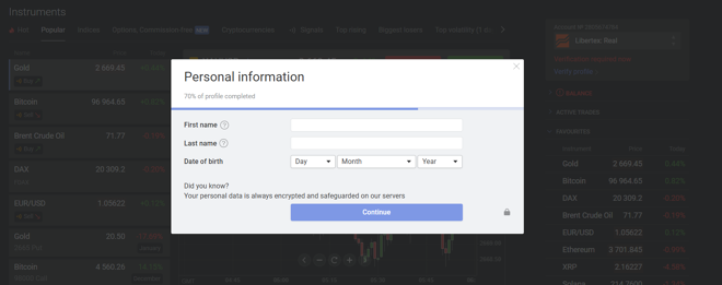 Account registration at Libertex (continued)