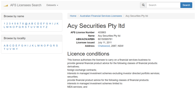 ACY Securities Pty Ltd’s licensing info at search-afsl.com