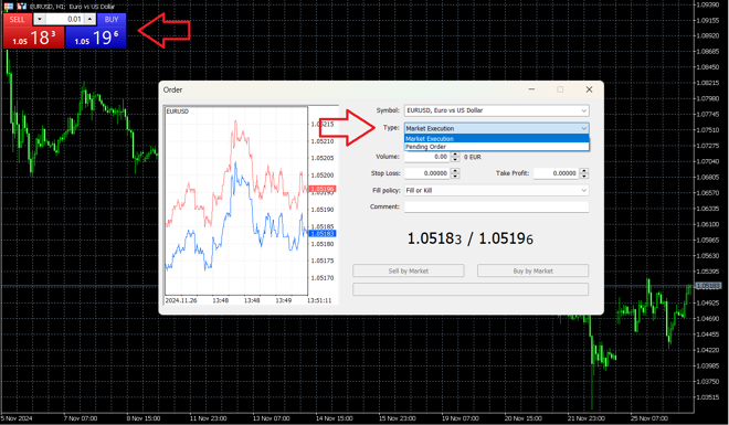 MetaTrader 5’s order placing screen