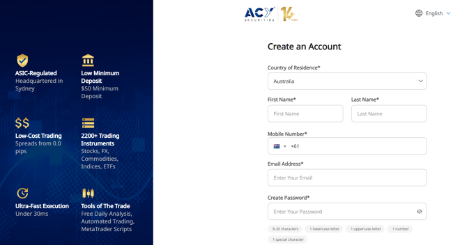 ACY Securities’ account registration form