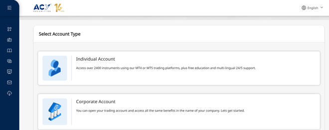 ACY Securities’ account’s registration form (continued)