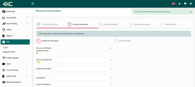 4XC’s account’s registration form (continued)