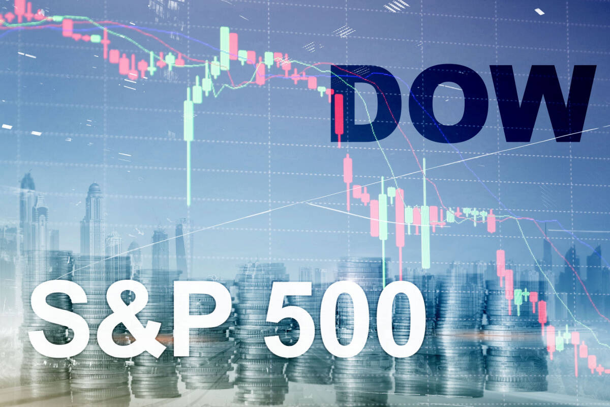 Dow Jones and S&P 500 symbols on trading chart. FX Empire