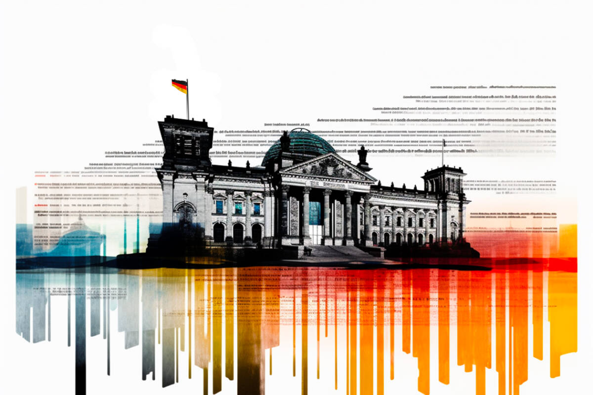 German building composition and german flag colorurs. FX Empire