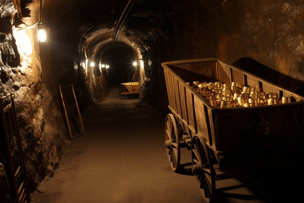 Gold cart inside a mine. FX Empire