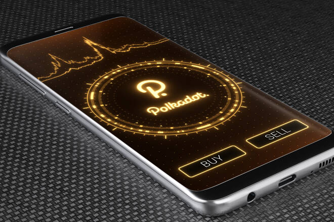 Polkadot logo on smartphone. FX Empire
