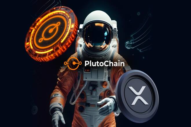 PlutoChain coins and logo and an astronaut. FX Empire