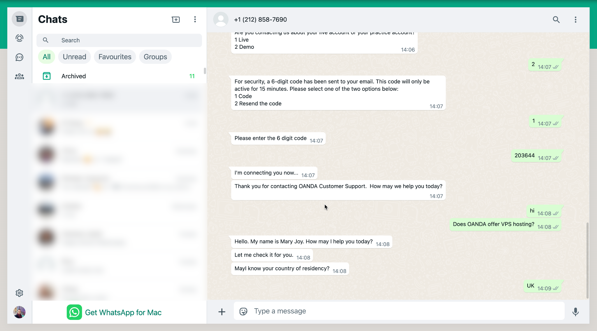 OANDA support via WhatsApp