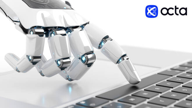 Robot typing and octa logo. FX Empire
