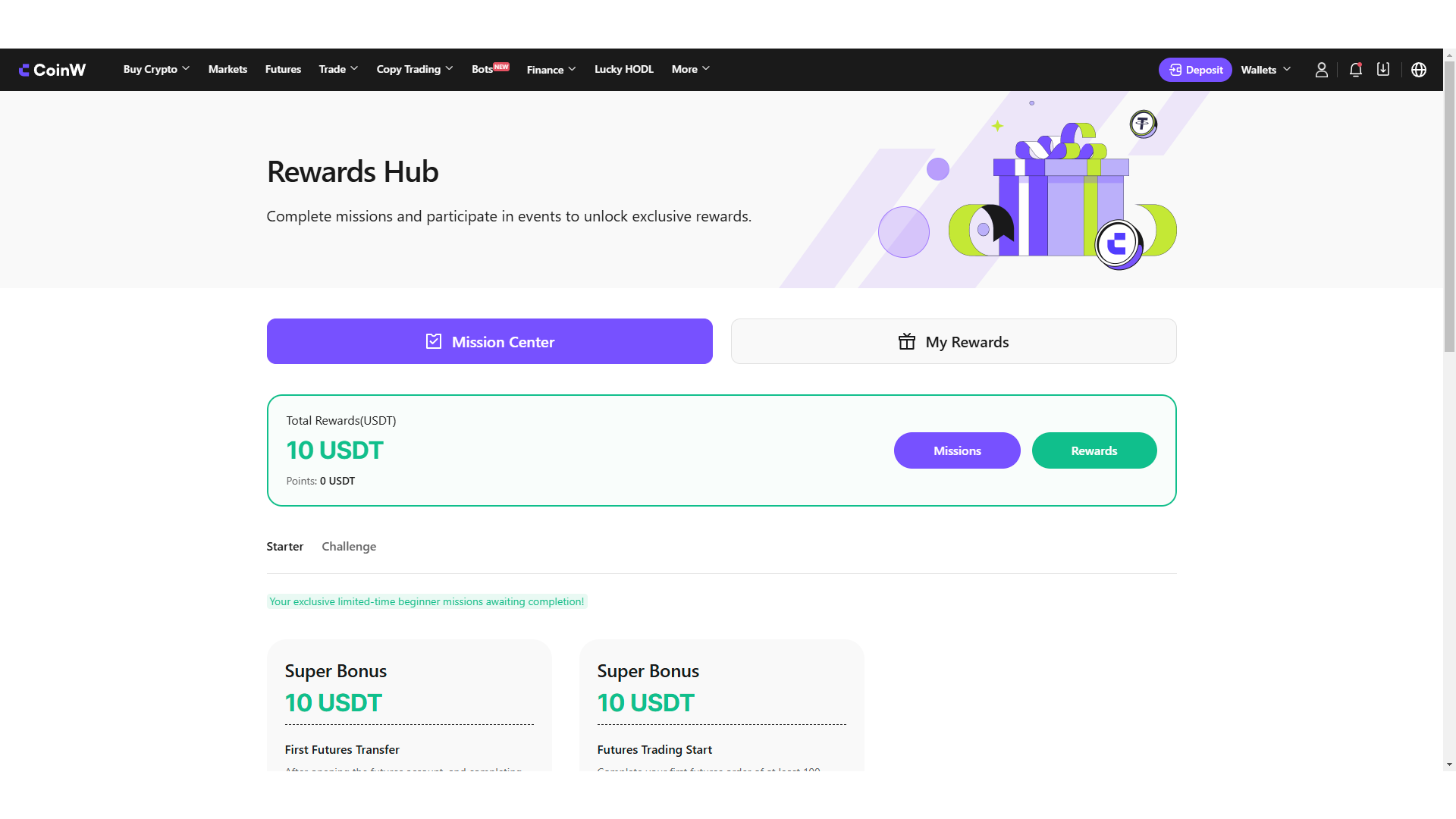 Il centro delle ricompense di CoinW