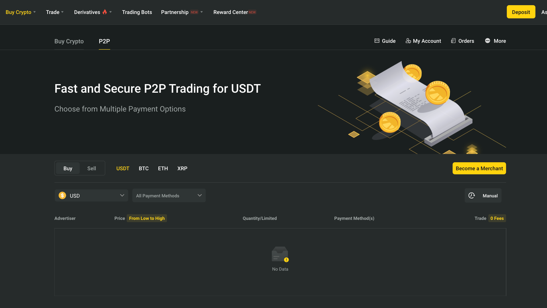 Pagina del trading P2P di BYDFi