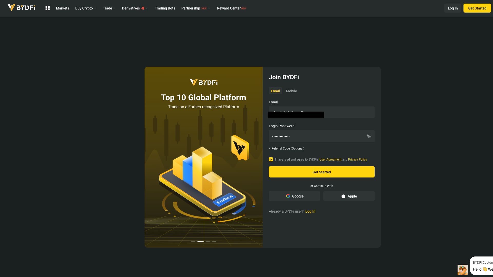 La pagina di registrazione sull’exchange BYDFi