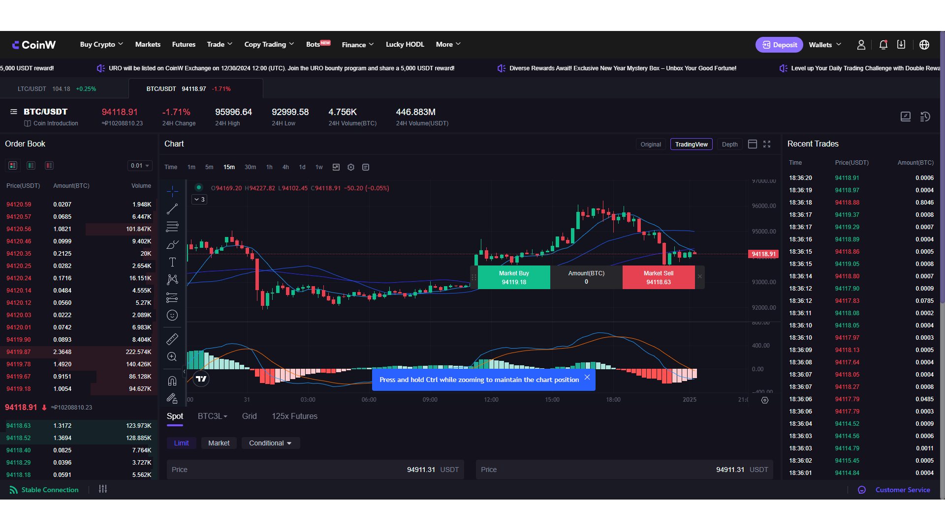 Interfaccia di trading dell’exchange CoinW