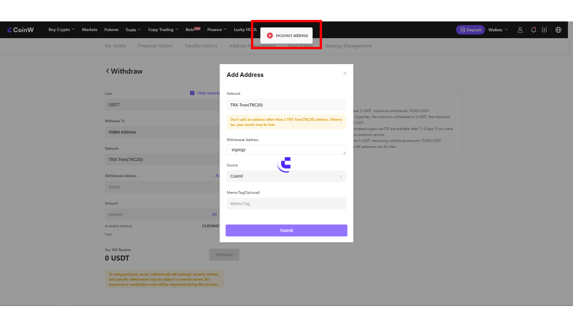 CoinW notifica se un indirizzo non è valido