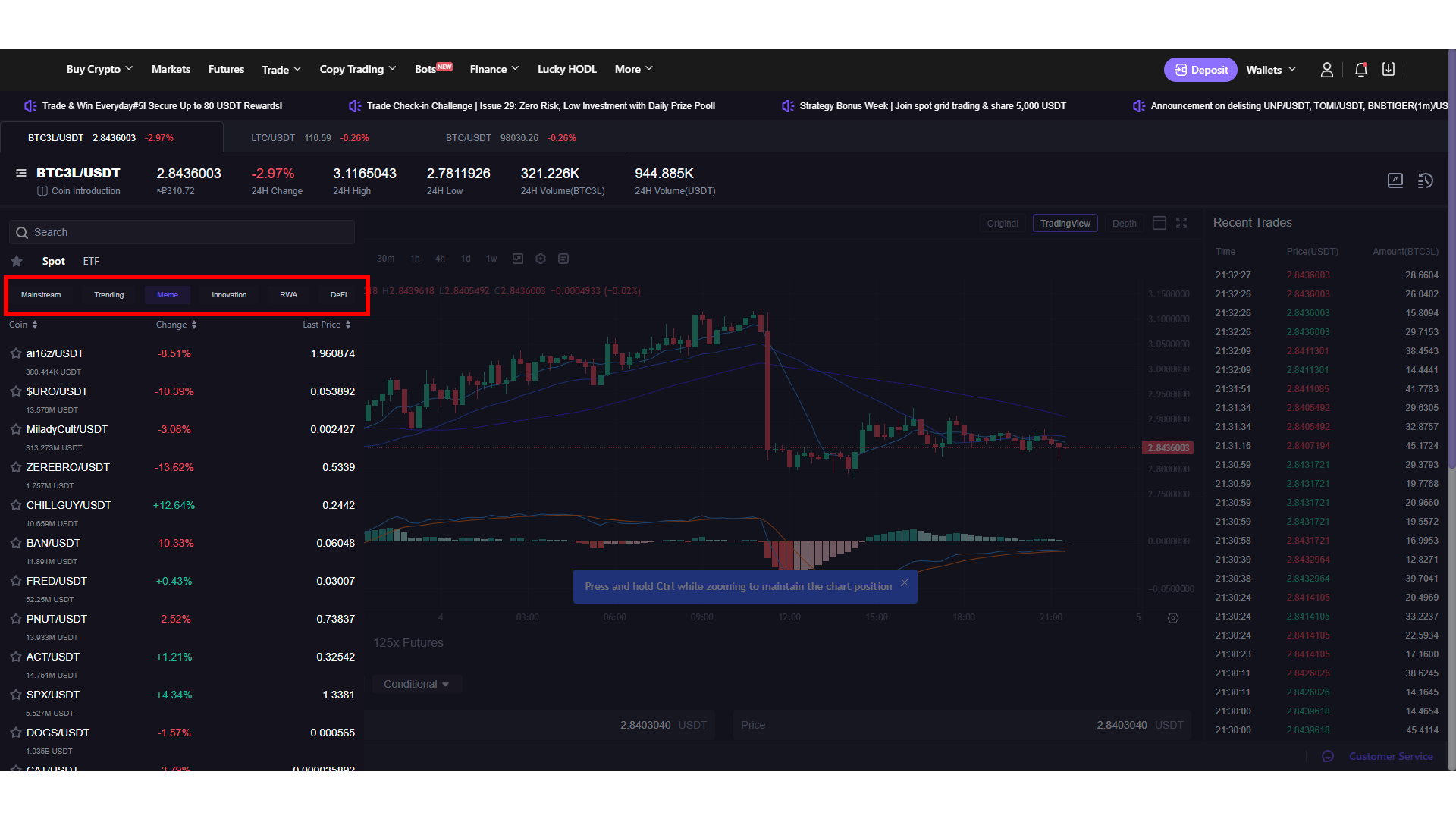 CoinW offre un comodo filtro per la ricerca di criptovalute di nicchia