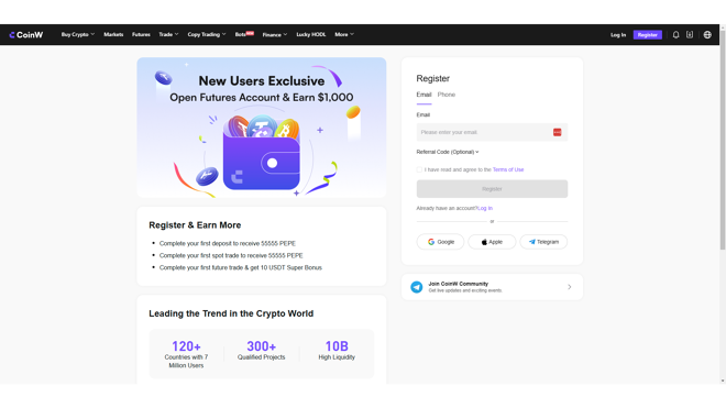 Creating an account on CoinW