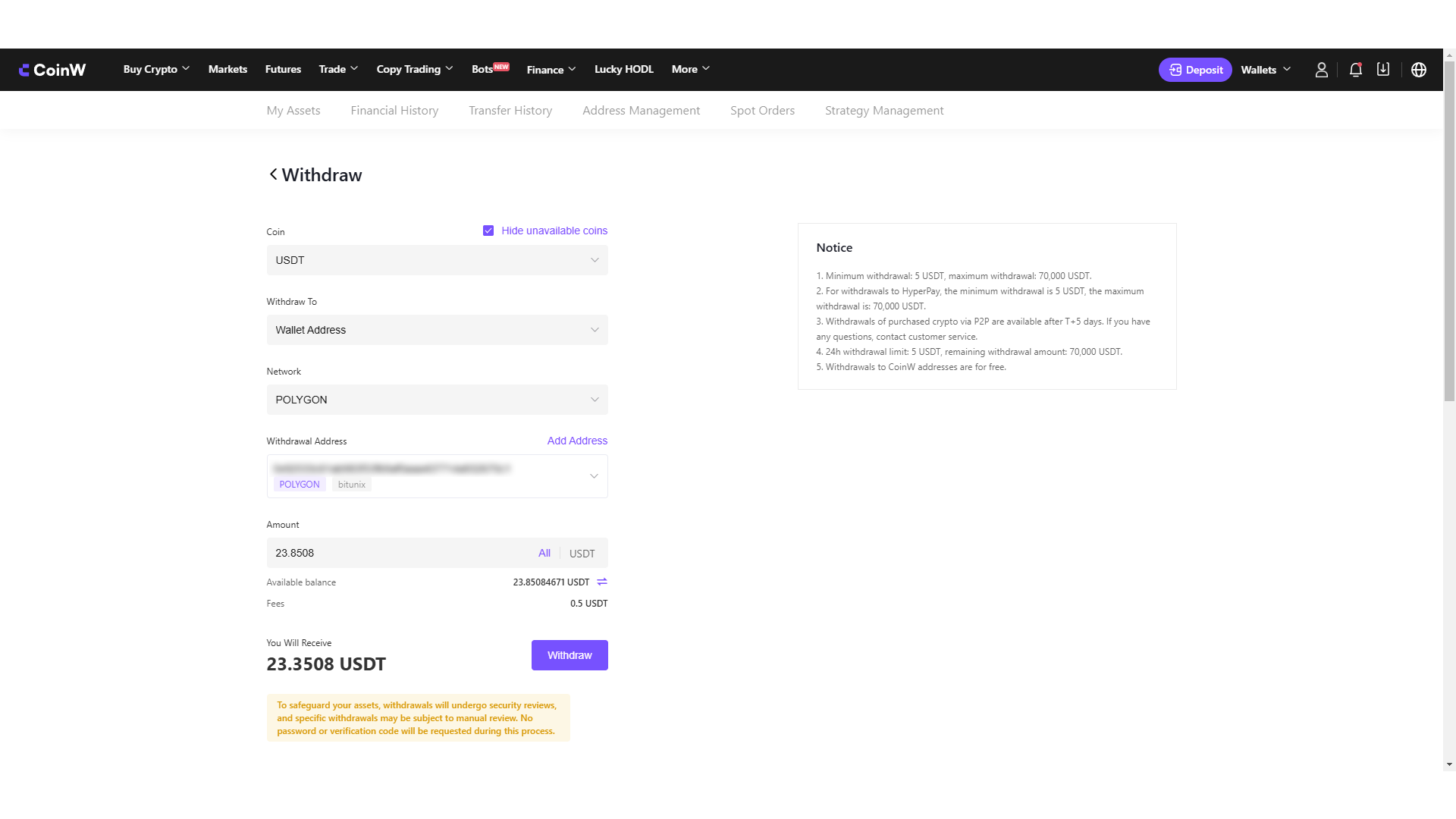 Procedura di prelievo crypto su CoinW