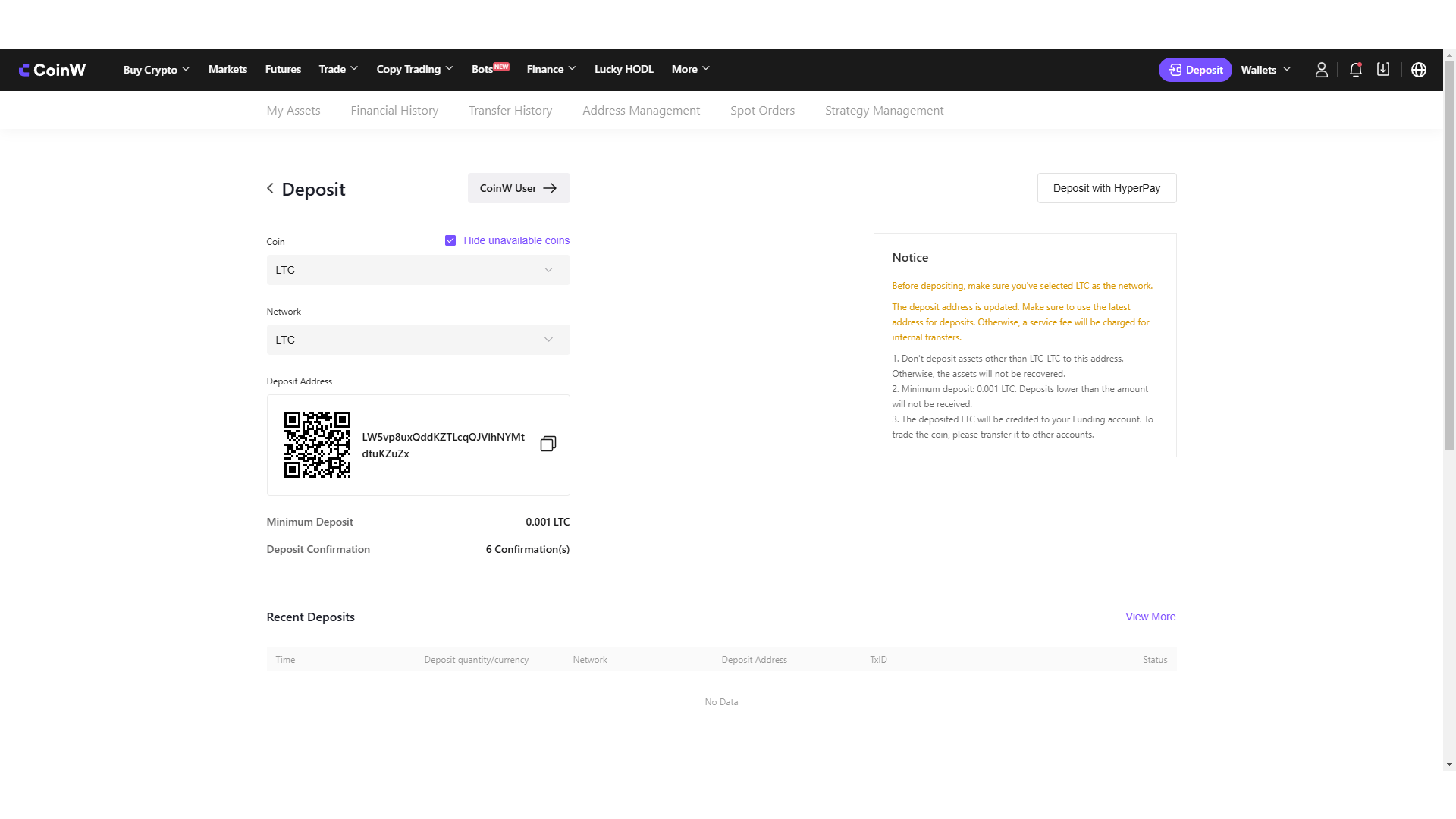 Gli indirizzi di deposito su CoinW sono muniti di un codice QR per la scansione
