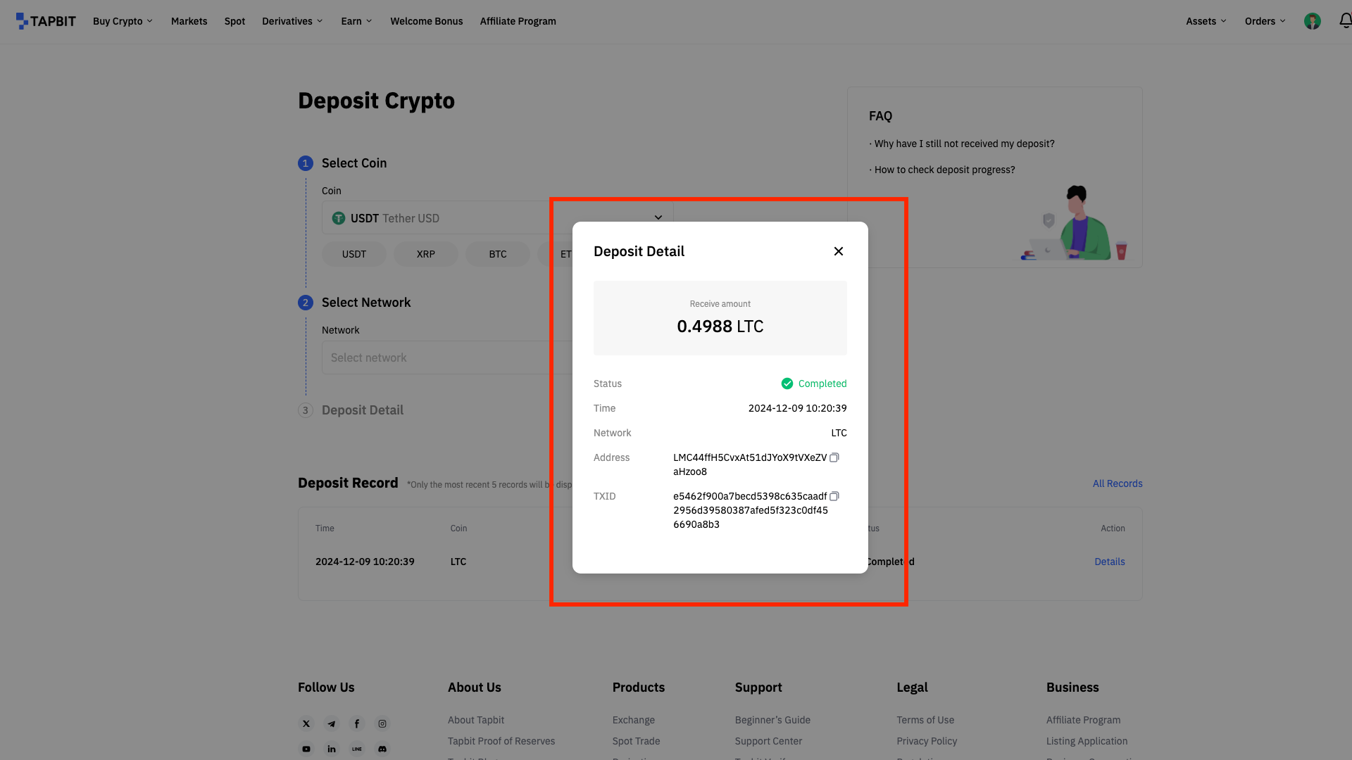 Deposito di LTC su Tapbit