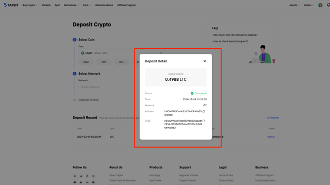 LTC deposit at Tapbit