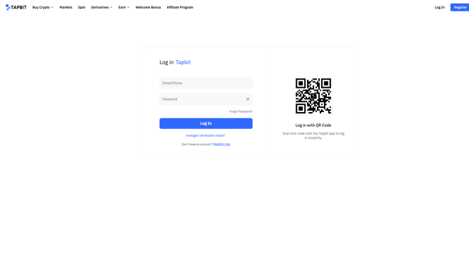 Login page at Tapbit