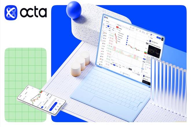 Trading platform in a laptop and Octa logo. FX Empire