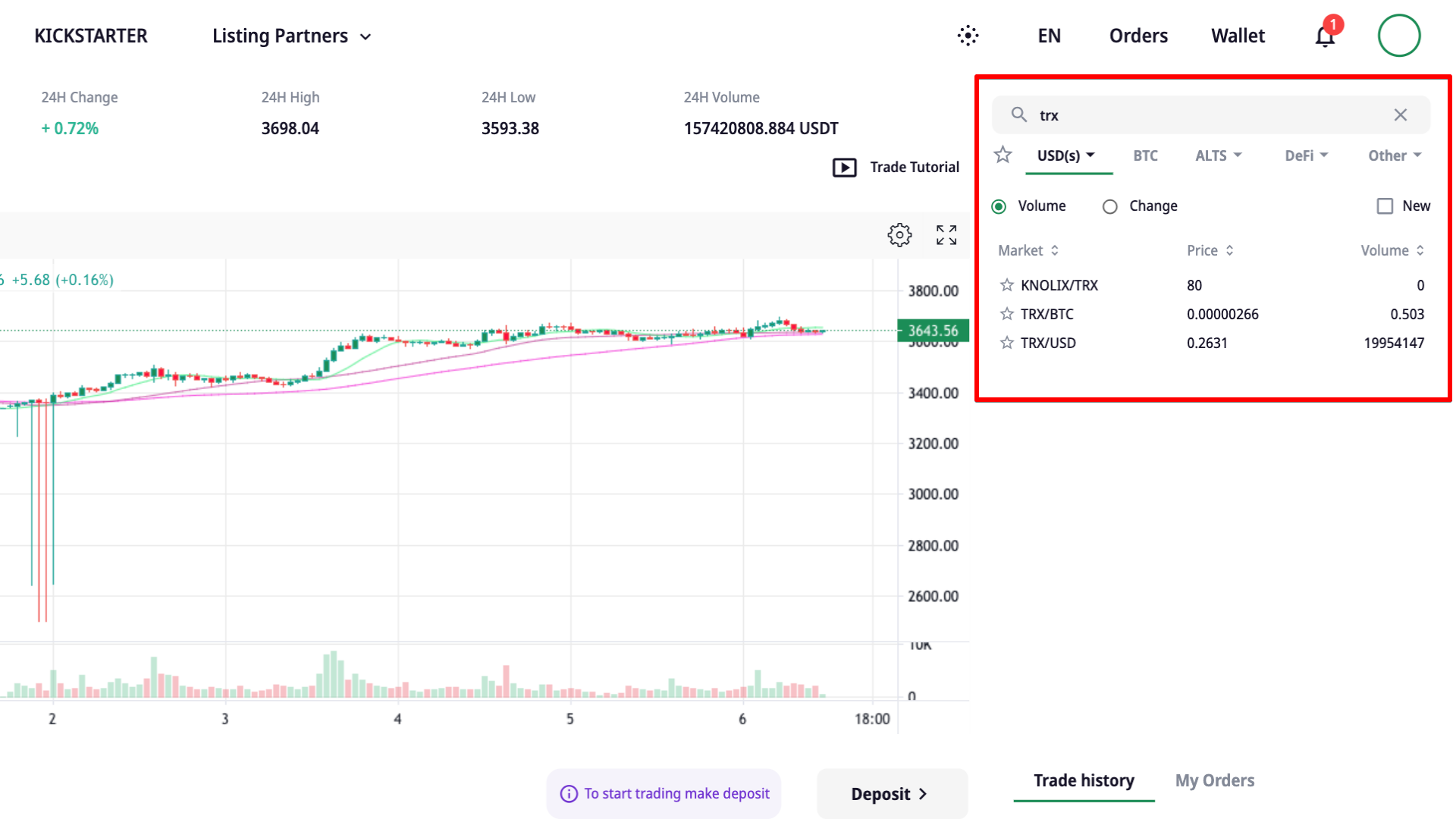 Selecting TRX to USD pair