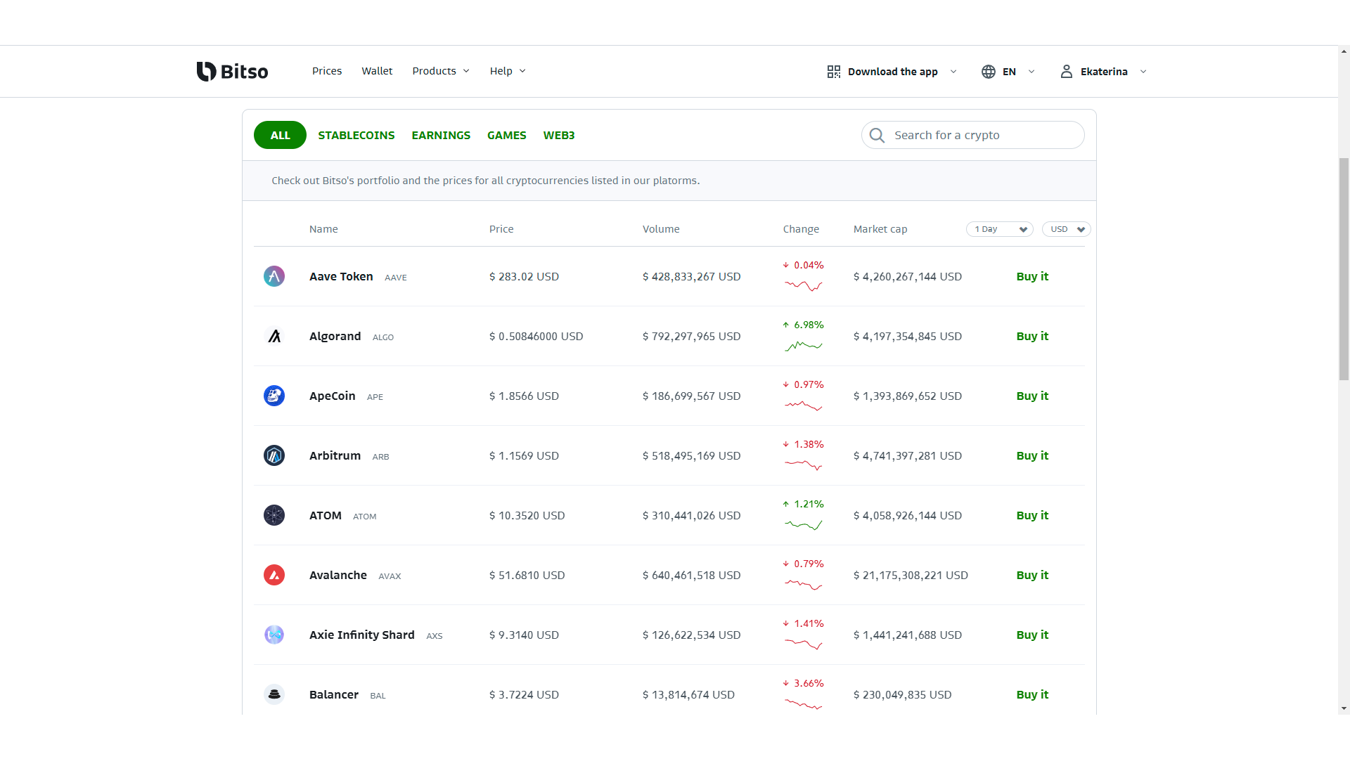 Selezione di criptovalute su Bitso