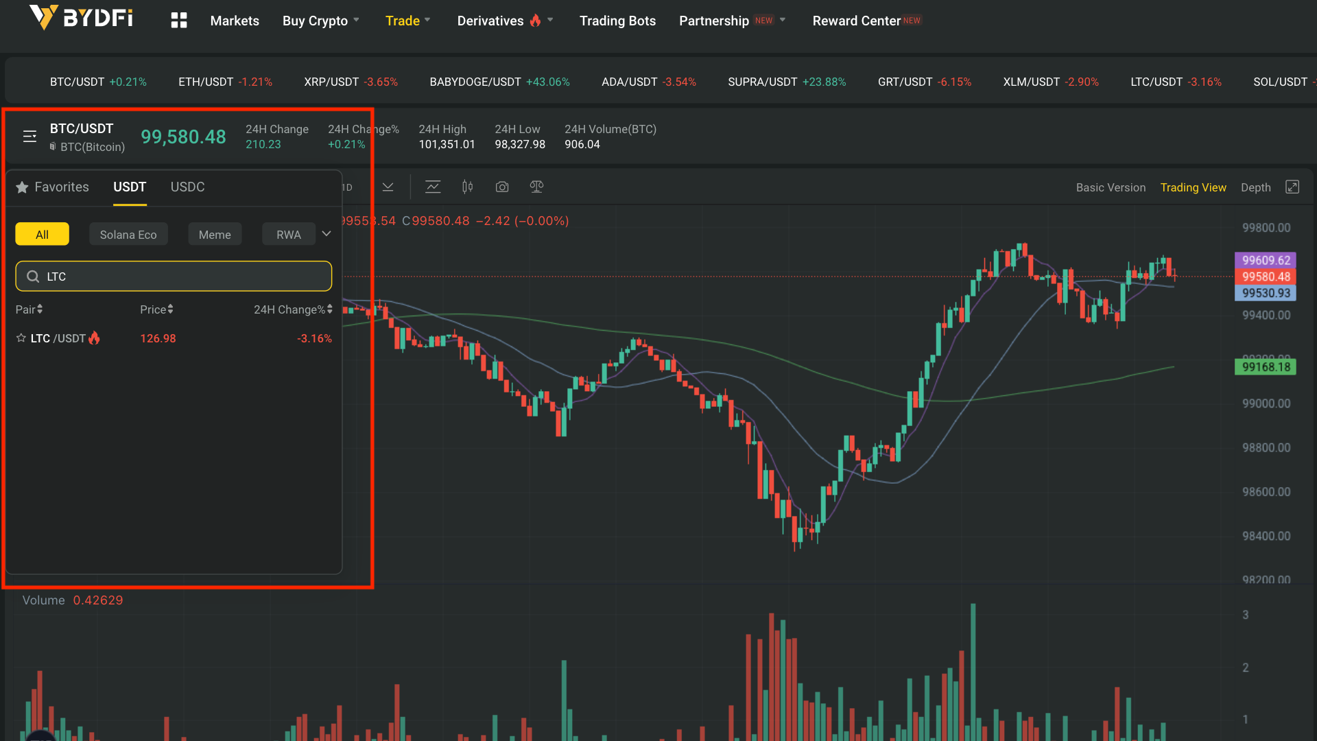 Interfaccia delle coppie di trading