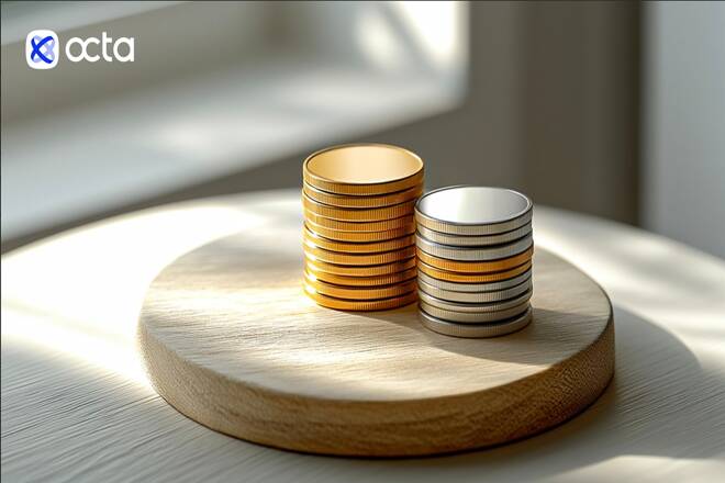 Silver coins, gold coins and Octa logo. FX Empire