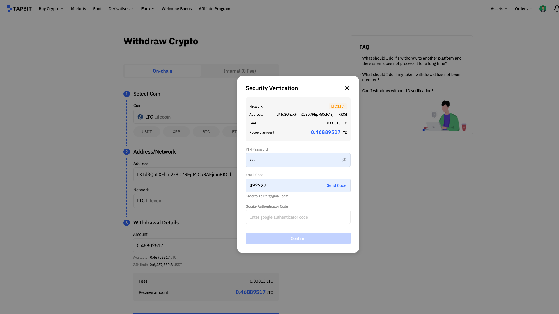 Conferma di prelievo su Tapbit