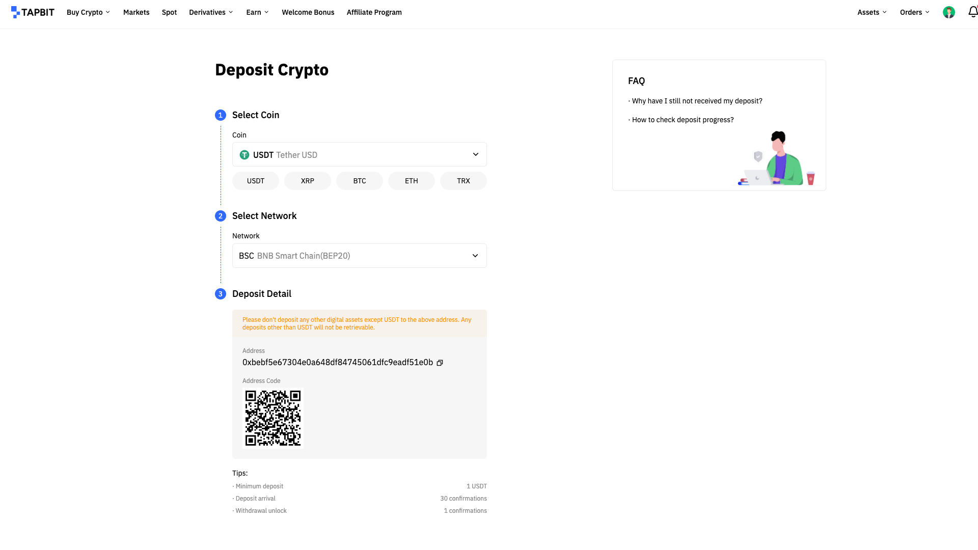 Interfaccia di deposito crypto su Tapbit