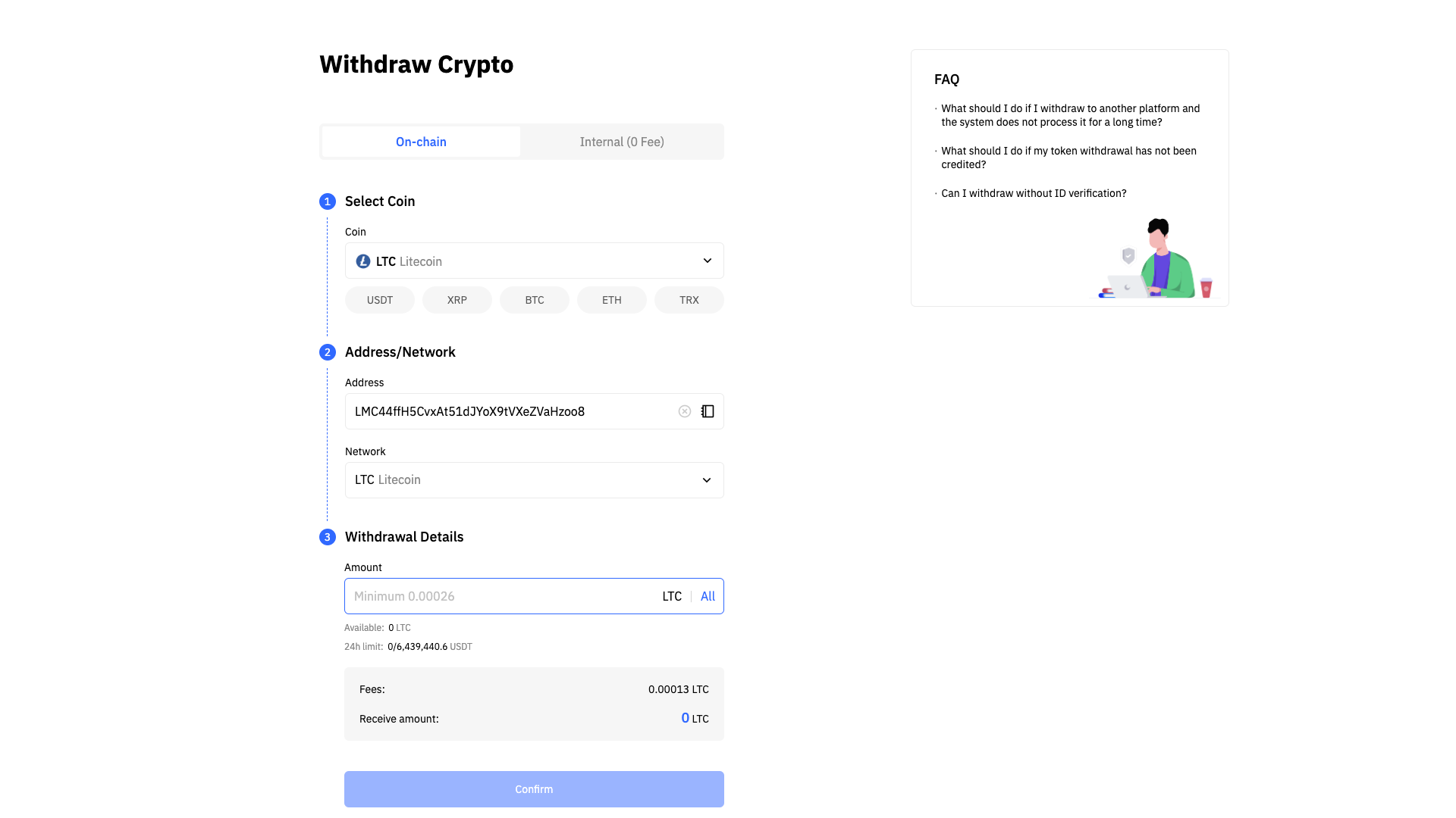 Interfaccia di prelievo di criptovalute su Tapbit