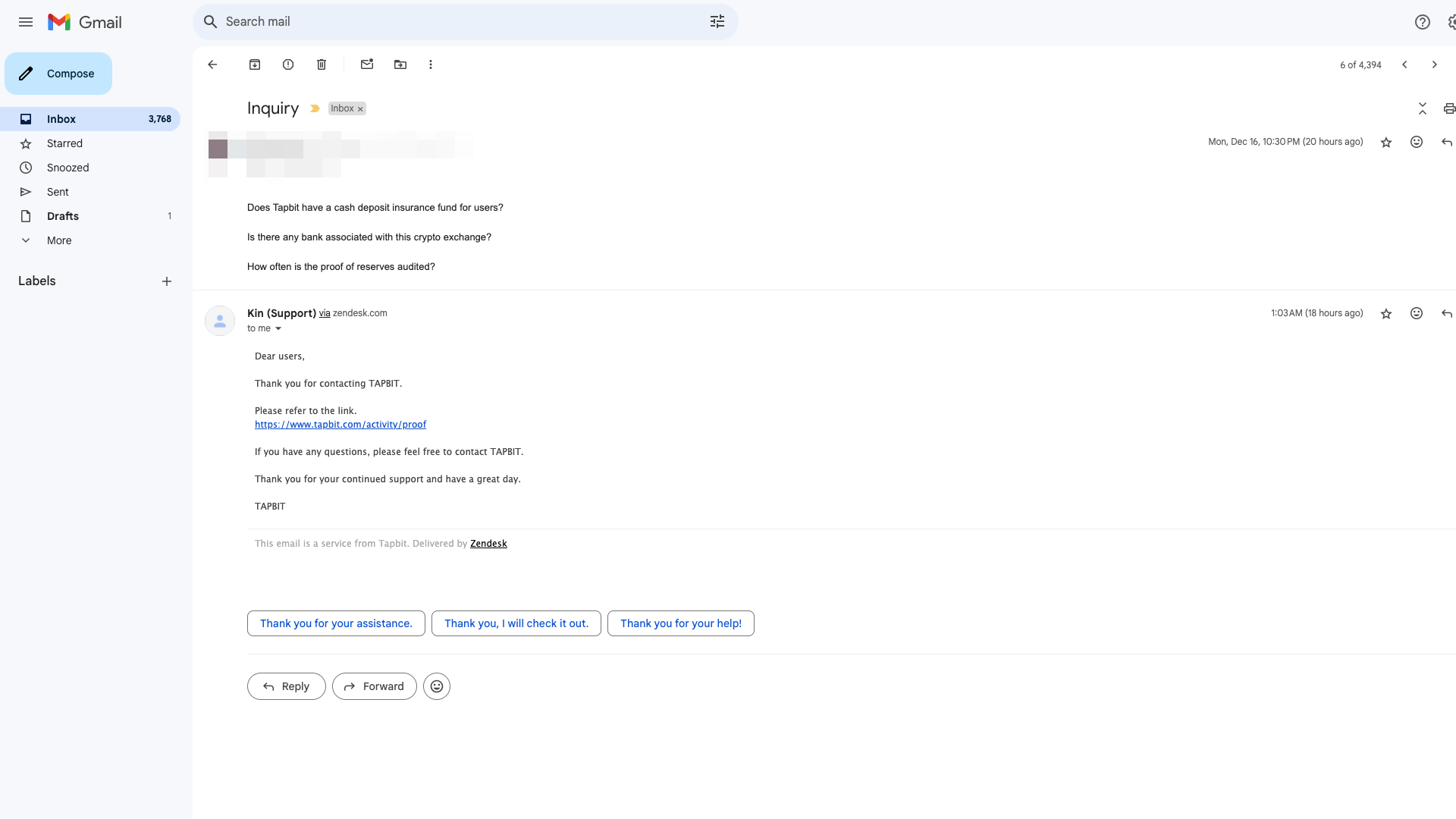 Le risposte di Tapbit via email