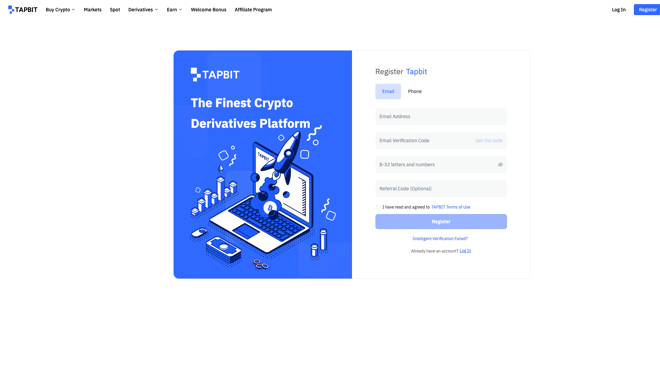 The signup page at Tapbit