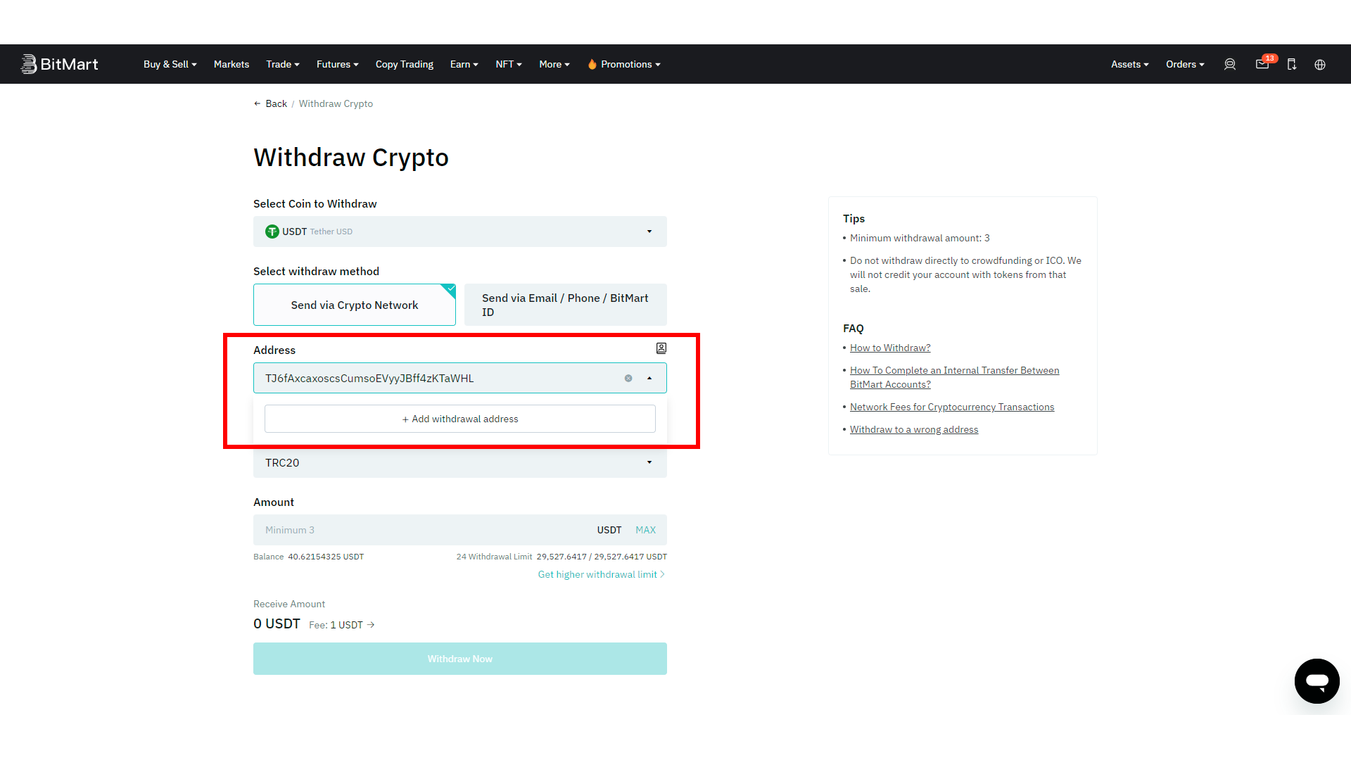 BitMart offre la possibilità di aggiungere un indirizzo fidato al momento del prelievo degli asset