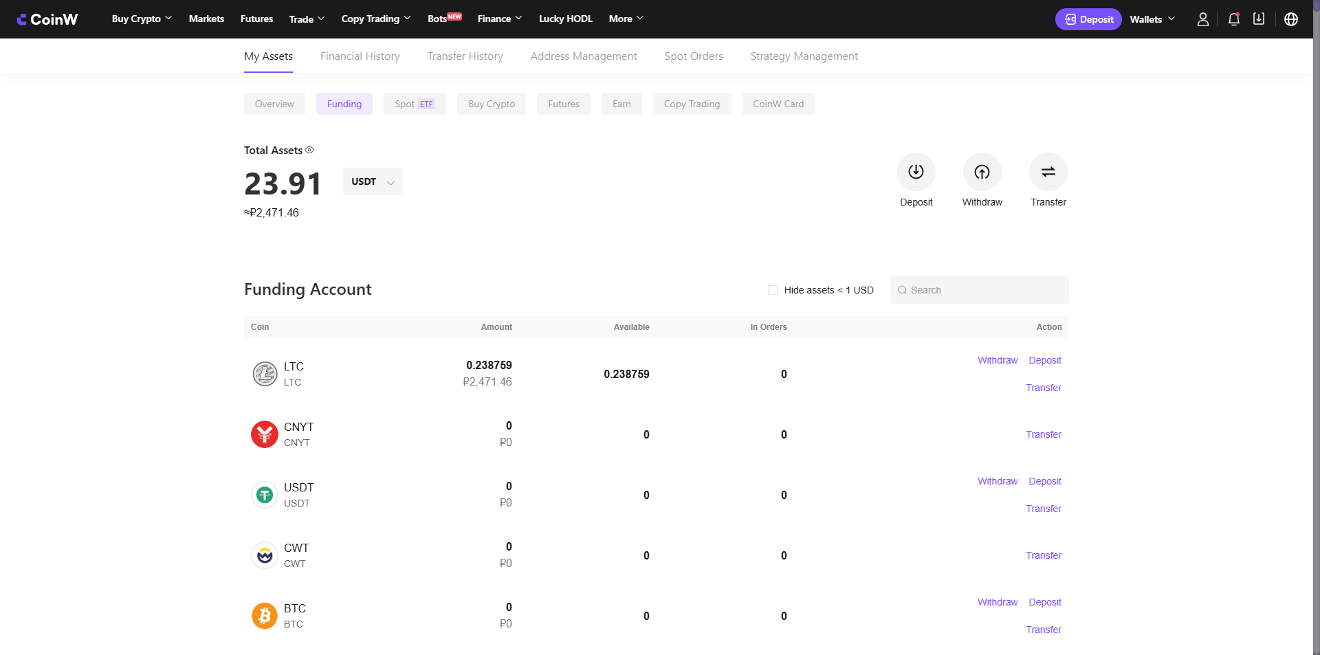 Quando si depositano asset su CoinW, i fondi arrivano sul conto Funding