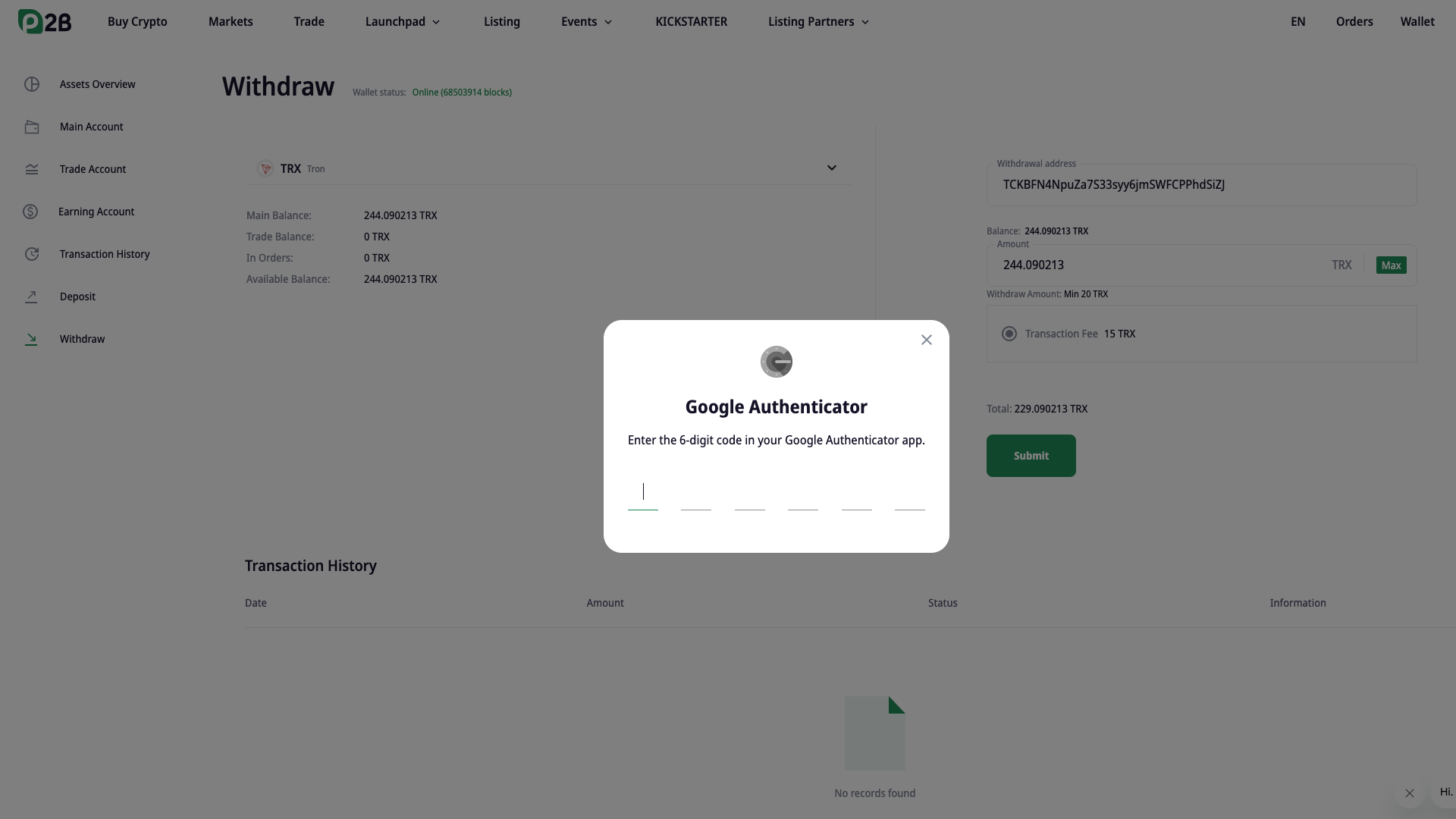 Withdrawal confirmation