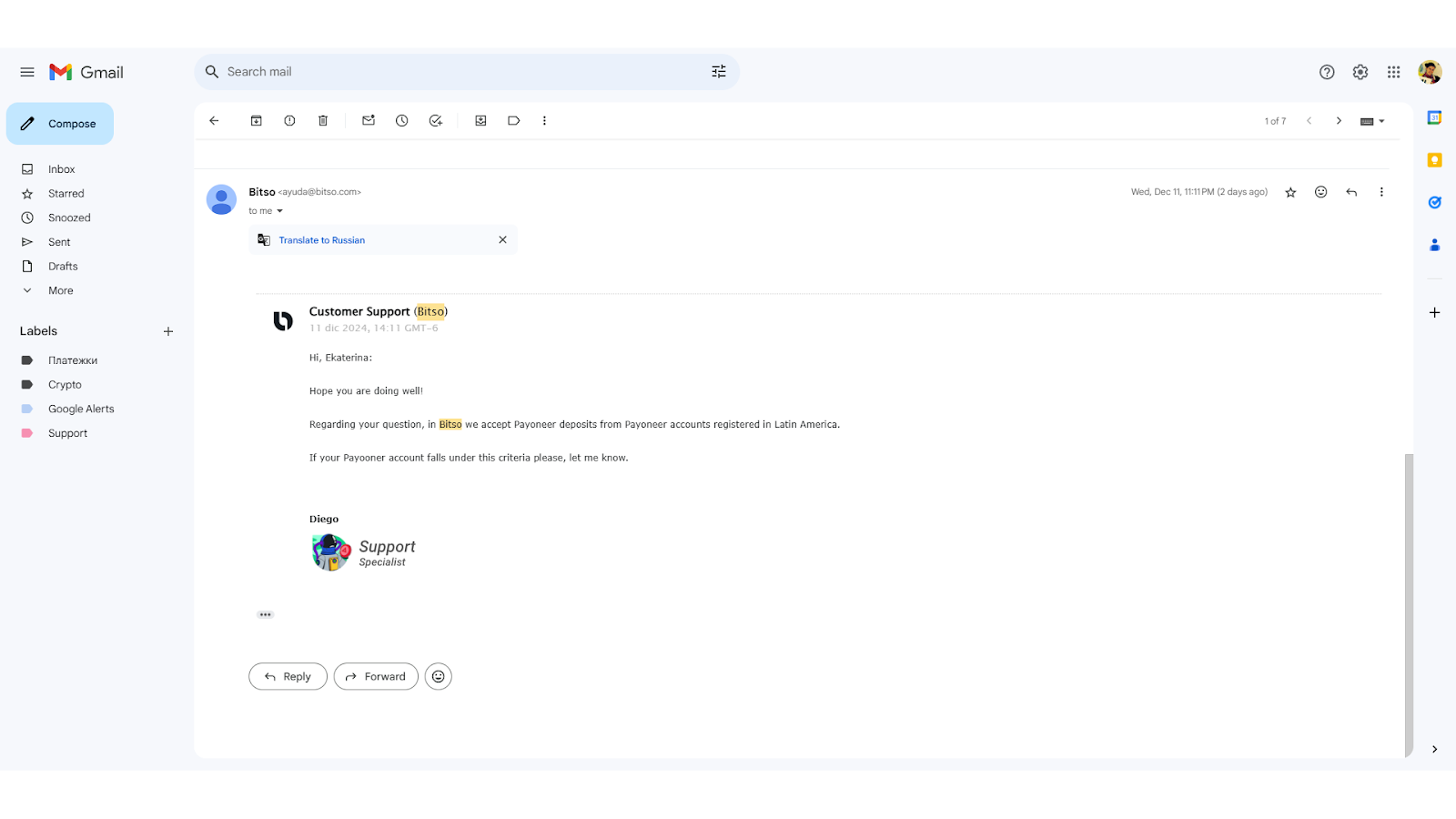 Bitso offre un servizio clienti di alta qualità tramite email