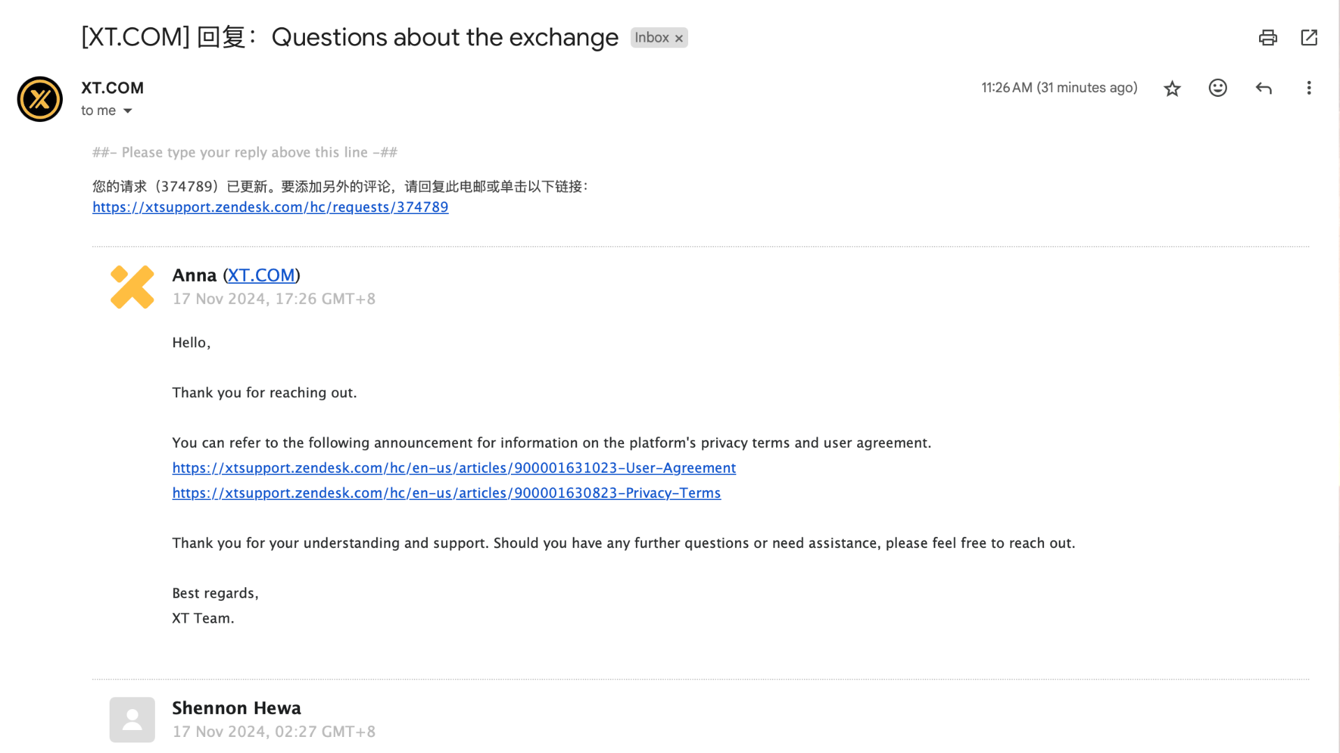 XT.com Customer Support via Live Chat
