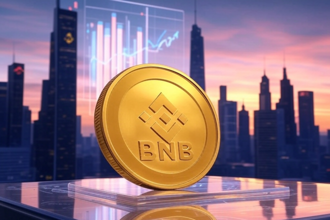 BNB coin in front of a city. FX Empire