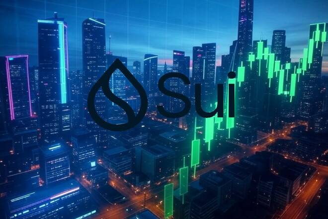 SUI logo on trading chart and city. FX Empire