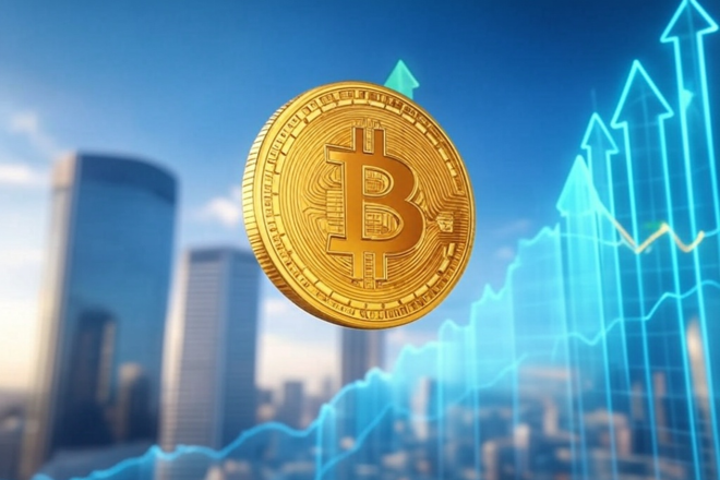 Bitcoin and chart in city. FX Empire