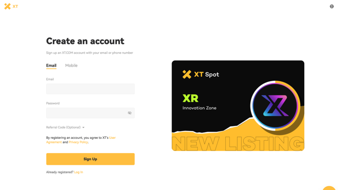 XT.com Sign-Up Page