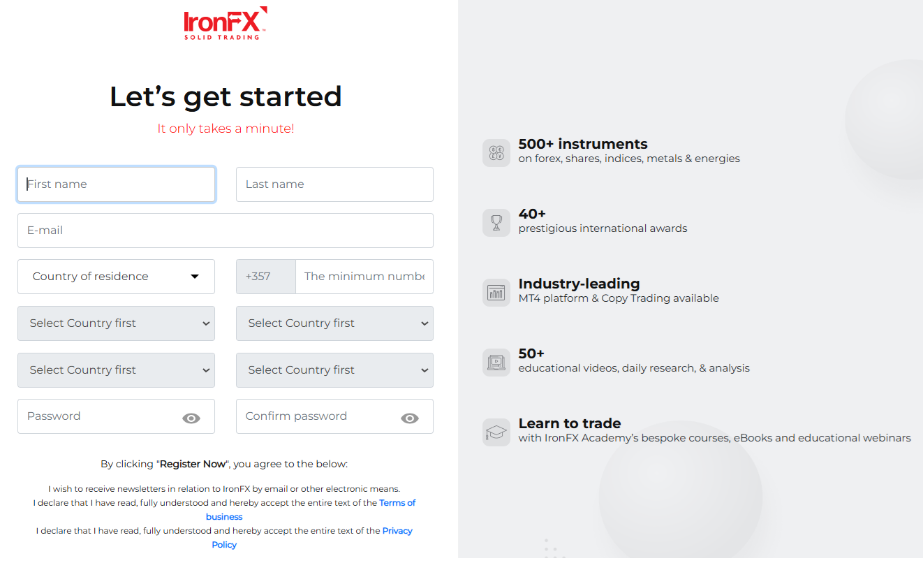 IronFX account registration form