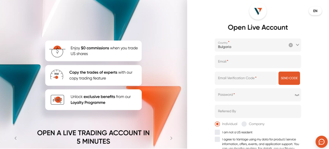 Vantage’s account registration form