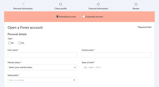 Swissquote’s account registration form